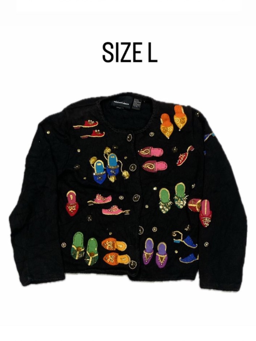 Vintage 90s Michael Simon Shoe Cardigan Sweater Black Knit Beaded Novelty Large